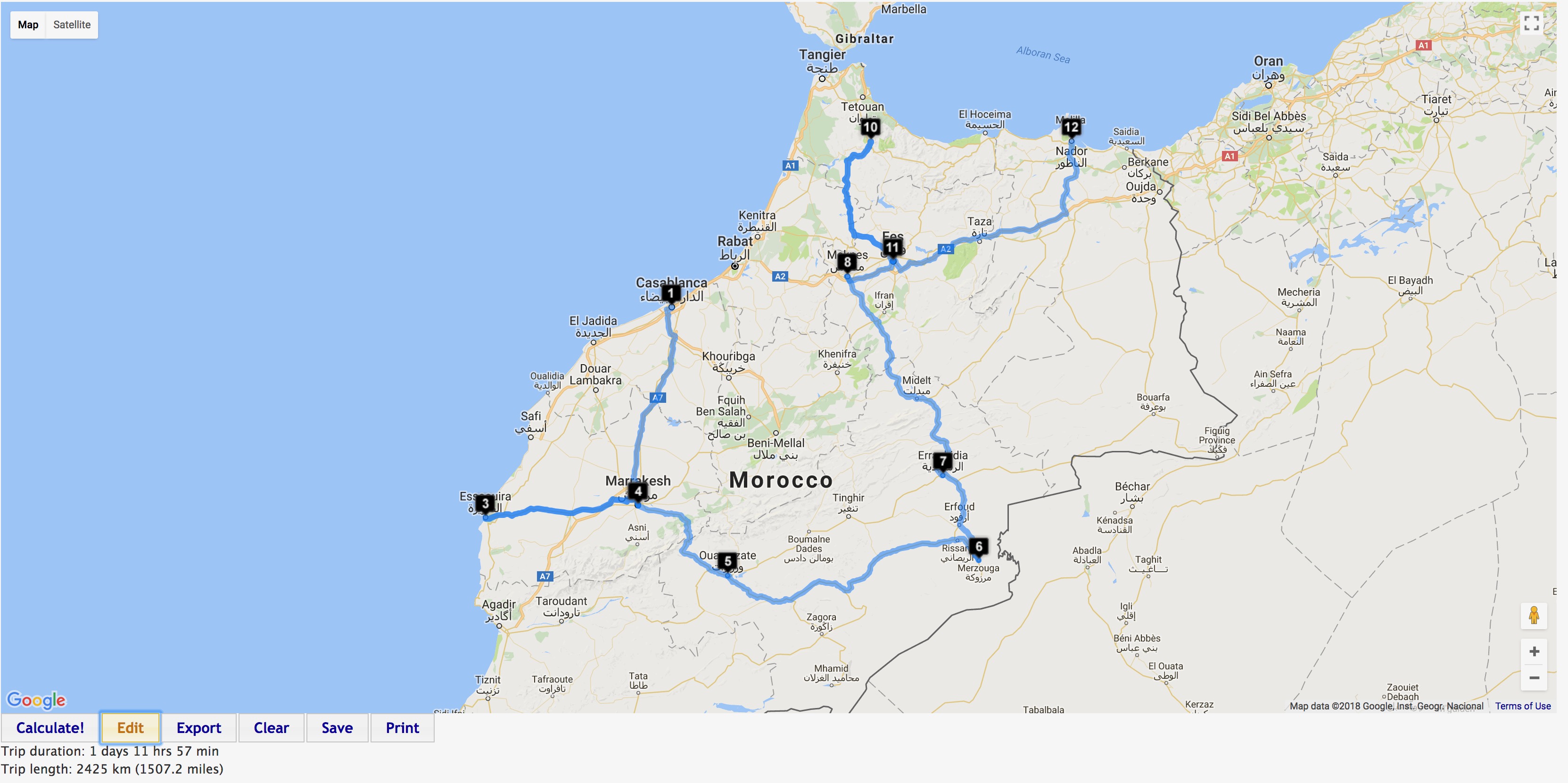 map of my travels in Morroco